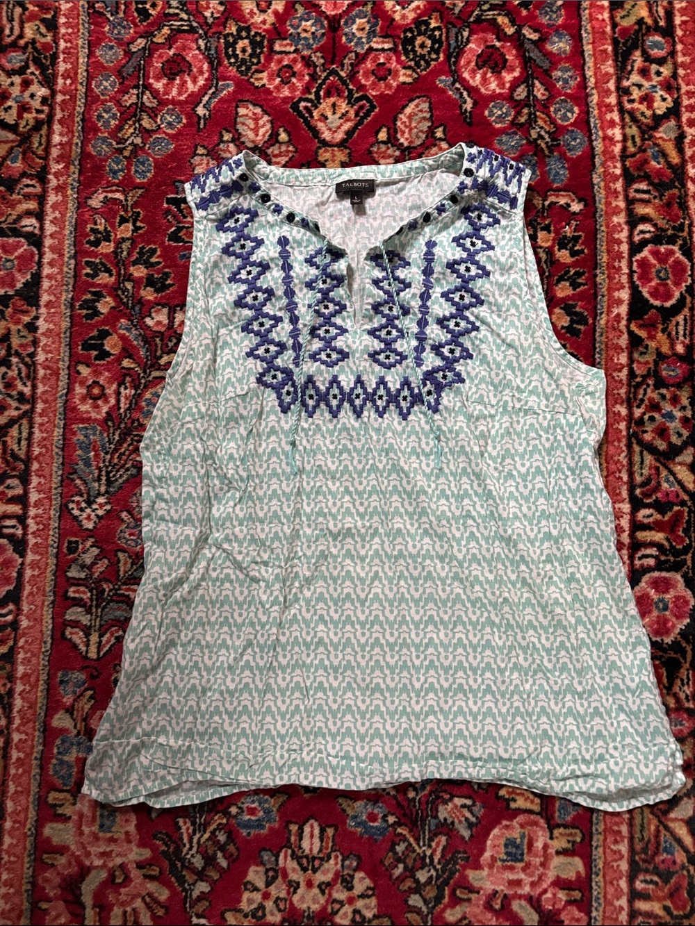 Talbots Sleeveless Top with Navy Embroidered Yoke